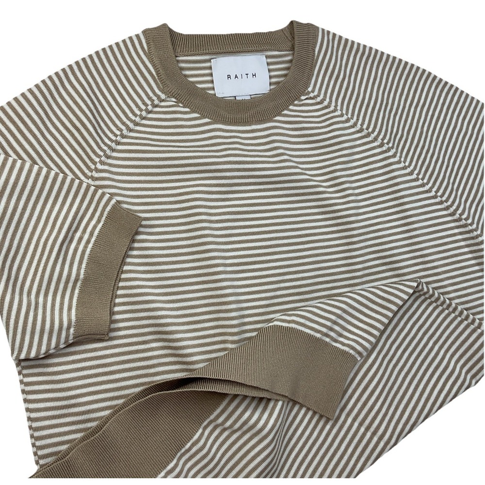 RAITH Shirt‎ Men Sz M Riera Knit Crew Neck Short Sleeve Striped Beige White Tee